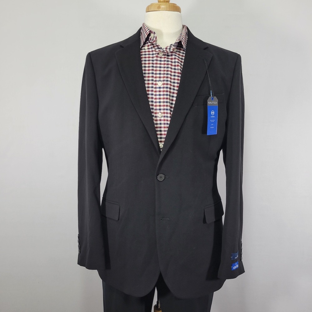 Nautica GAFF Men's Sport Coat Blazer Two Button Solid Black Poly Blend 42L NEW‎